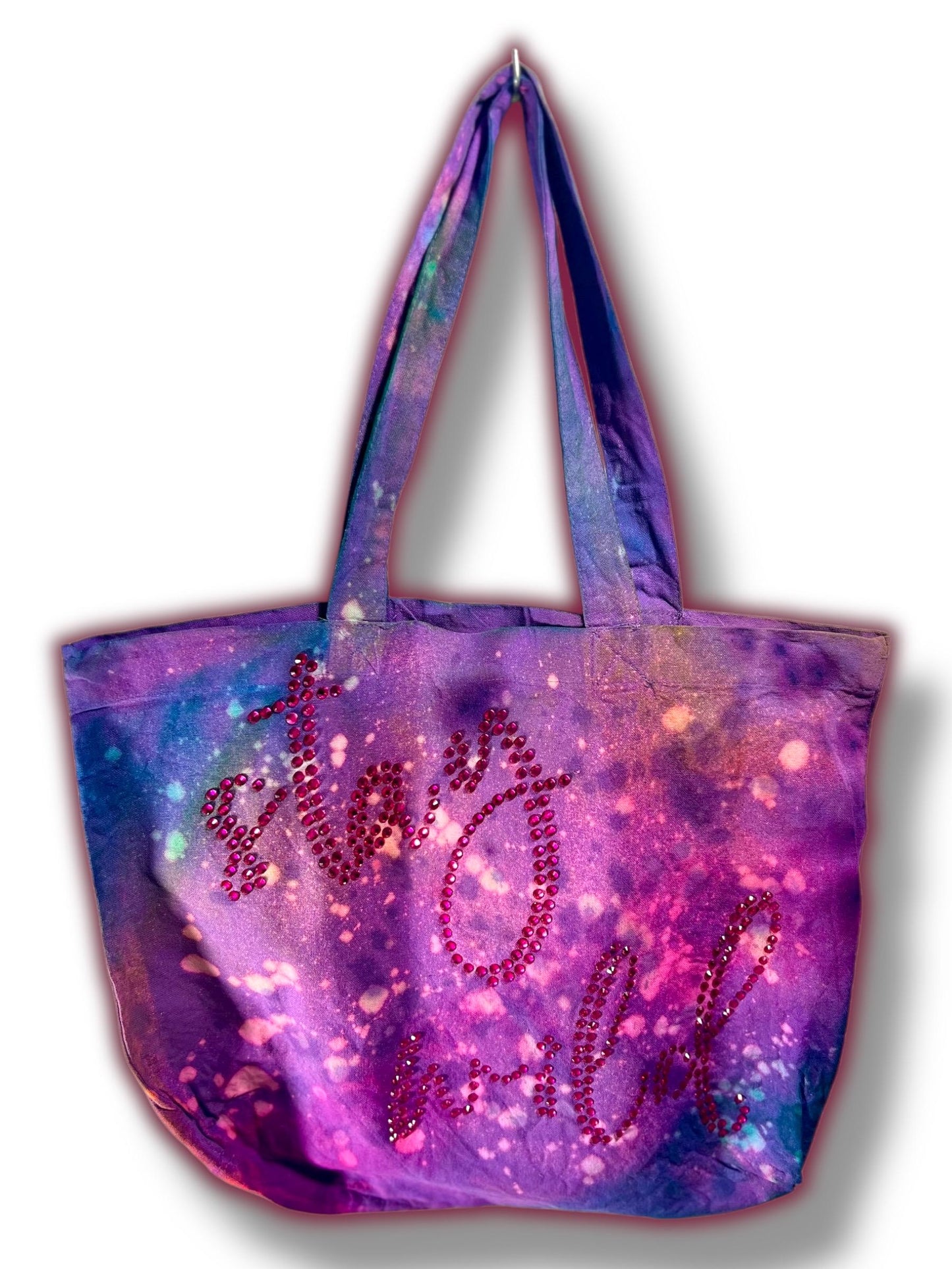 Handmade Tote Bag, Purple Tie-Dye, UV Color Change, 20ss Fuschia Hotfix Rhinestones, Moon Phase, Mystical, Celestial, Witchy Accessories