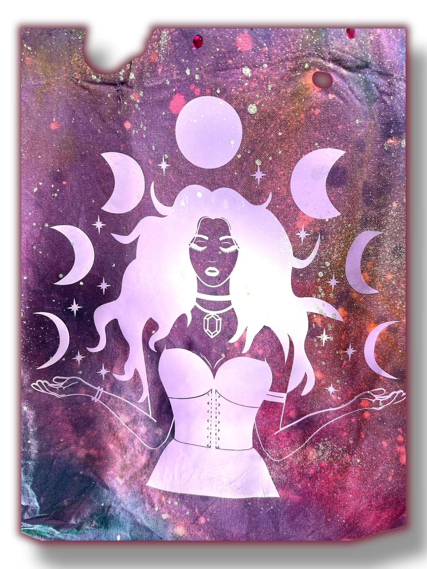 Handmade Tote Bag, Purple Tie-Dye, UV Color Change, 20ss Fuschia Hotfix Rhinestones, Moon Phase, Mystical, Celestial, Witchy Accessories