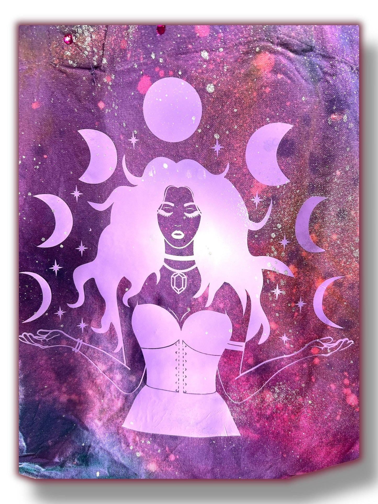 Handmade Tote Bag, Purple Tie-Dye, UV Color Change, 20ss Fuschia Hotfix Rhinestones, Moon Phase, Mystical, Celestial, Witchy Accessories