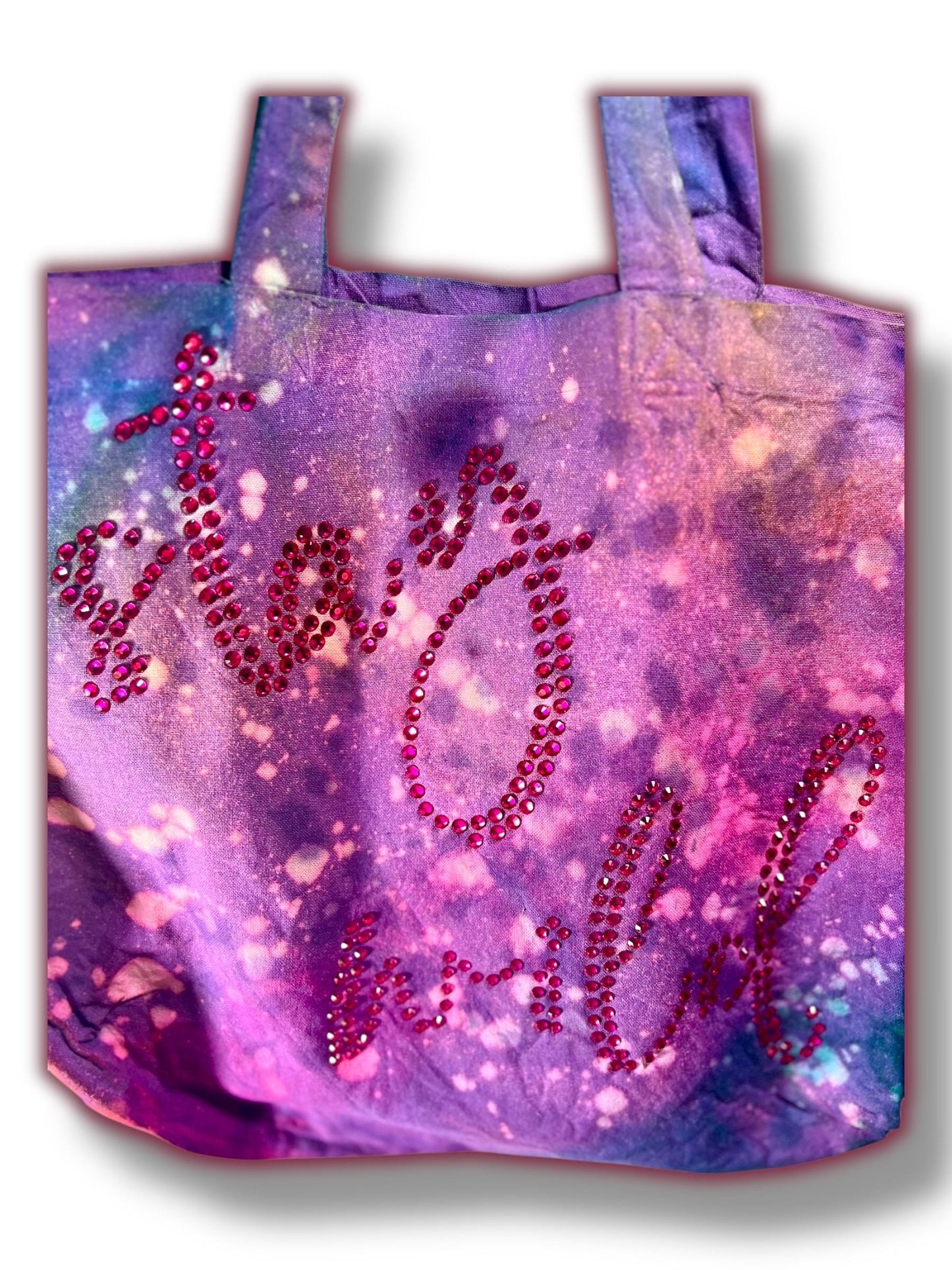 Handmade Tote Bag, Purple Tie-Dye, UV Color Change, 20ss Fuschia Hotfix Rhinestones, Moon Phase, Mystical, Celestial, Witchy Accessories