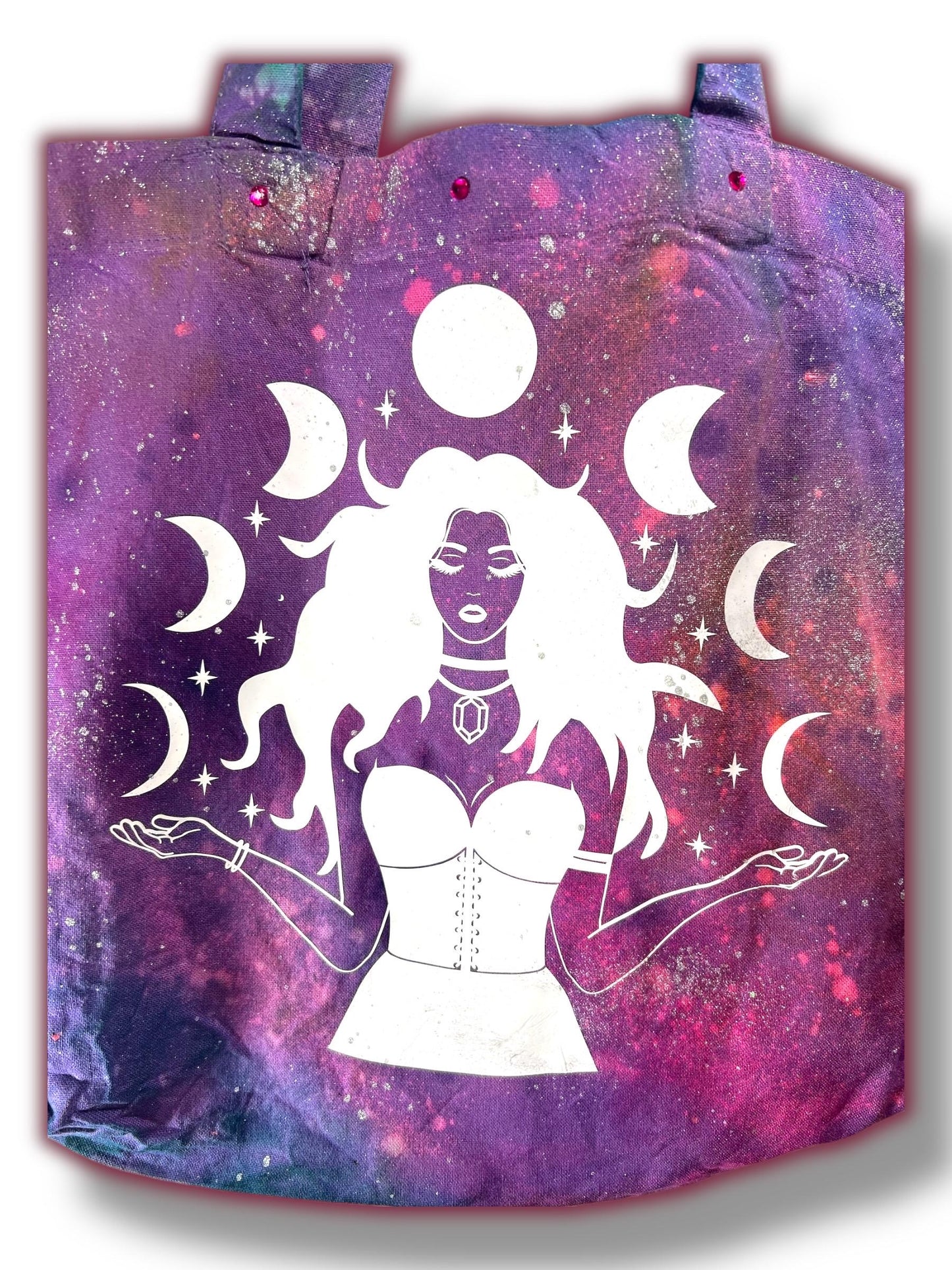 Handmade Tote Bag, Purple Tie-Dye, UV Color Change, 20ss Fuschia Hotfix Rhinestones, Moon Phase, Mystical, Celestial, Witchy Accessories