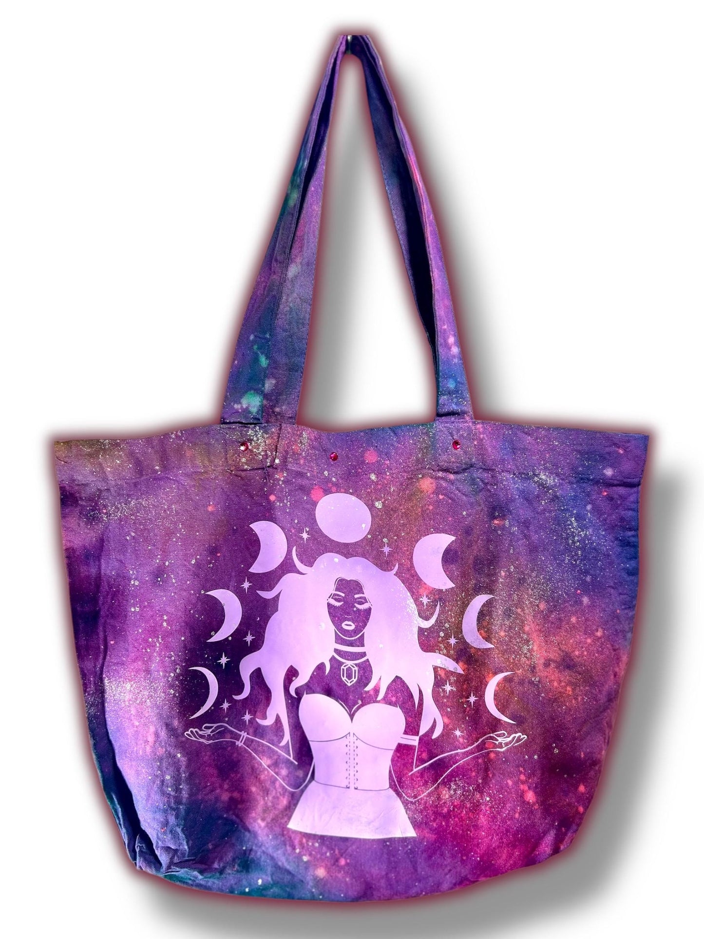 Handmade Tote Bag, Purple Tie-Dye, UV Color Change, 20ss Fuschia Hotfix Rhinestones, Moon Phase, Mystical, Celestial, Witchy Accessories