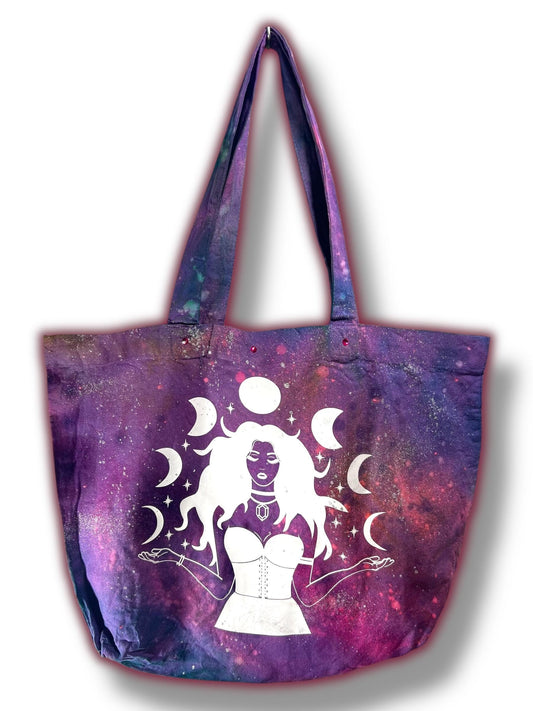 Handmade Tote Bag, Purple Tie-Dye, UV Color Change, 20ss Fuschia Hotfix Rhinestones, Moon Phase, Mystical, Celestial, Witchy Accessories